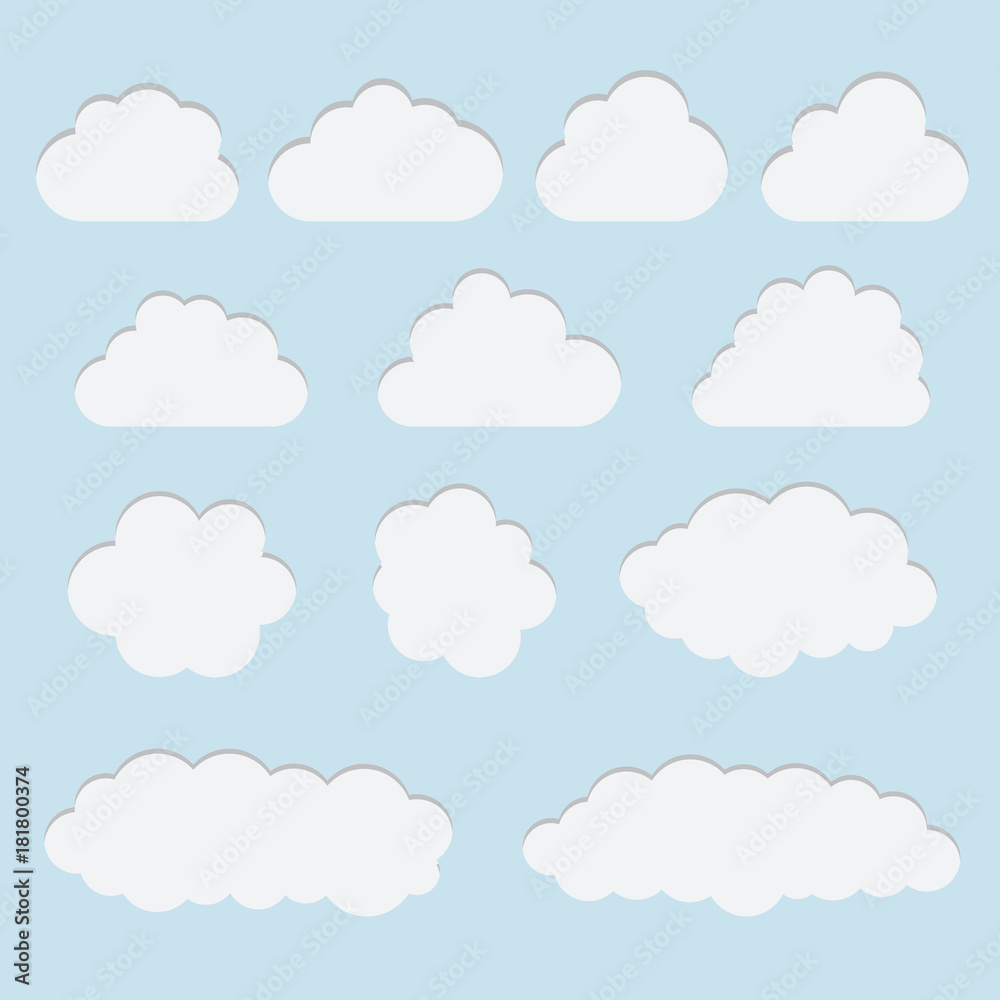 Collection of white paper cut out cloud icons, signs,weather symbols