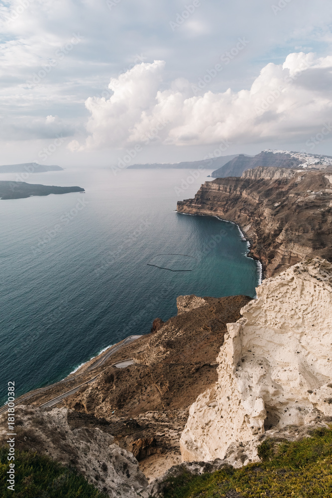 Coast with volcanic sand in Santorini, Greece