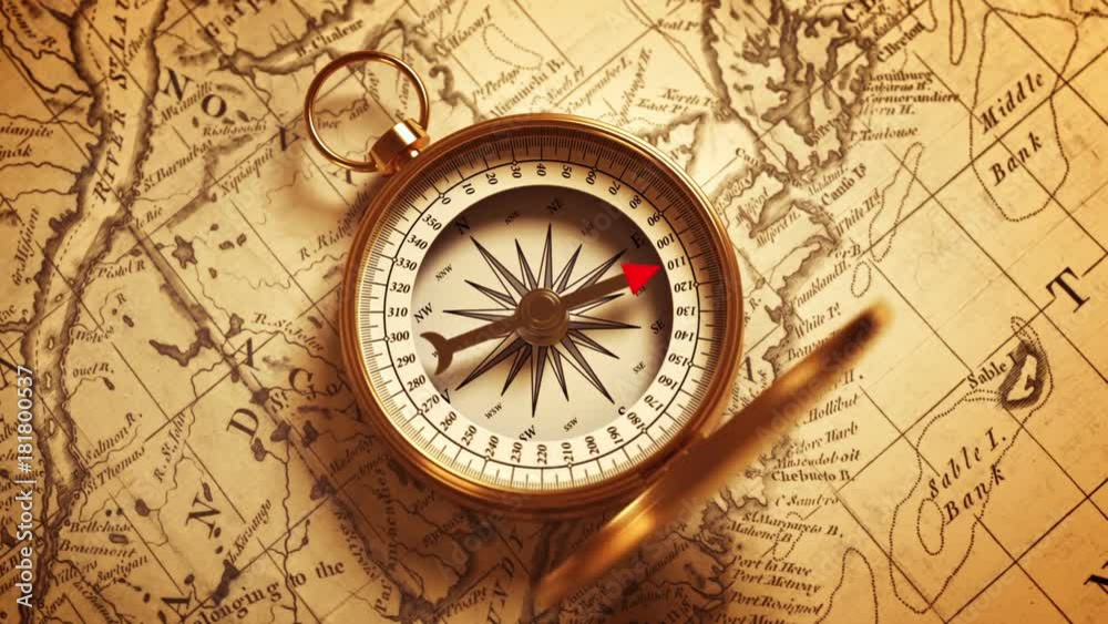 Golden Compass On The Map Indicating Direction. 3D Animation. Golden Compass On The Map Indicating Direction. 3D Animation.