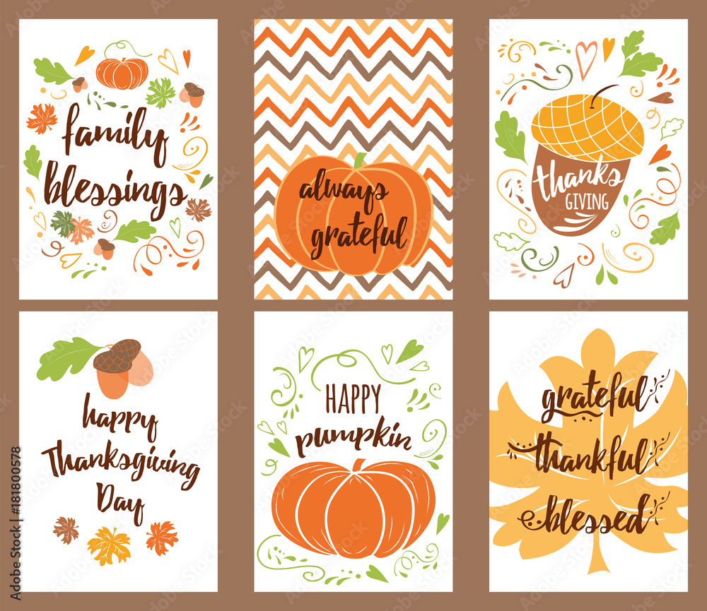 Cartoon vector hand drawn Doodle Happy Thanksgiving Day cards. Vertical banners design templates set