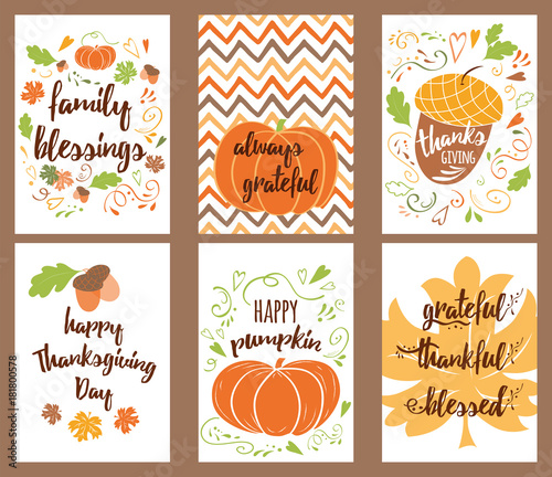 Cartoon vector hand drawn Doodle Happy Thanksgiving Day cards. Vertical banners design templates set