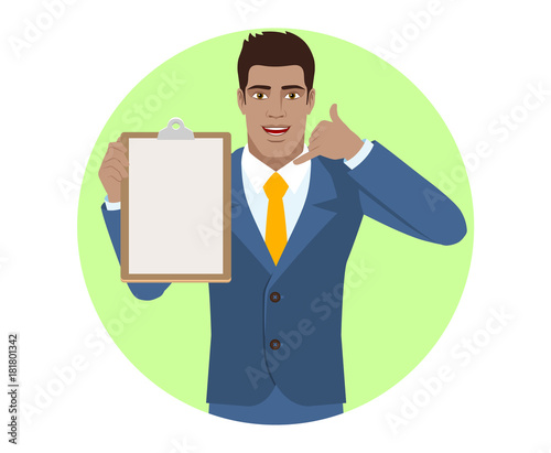 Businessman holding the clipboard and showing a call me sign