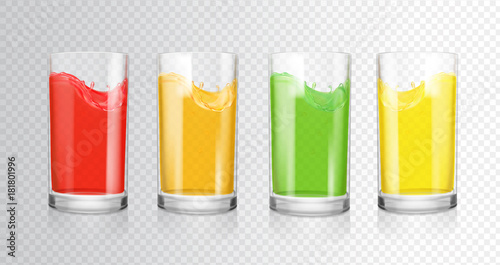 Fruit colored juices. Transparent glasses with fruit drink, red, orange, green, yellow
