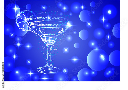 Three glasses of cocktail on a blue background with stars and lights, disco, club, neon glow photo