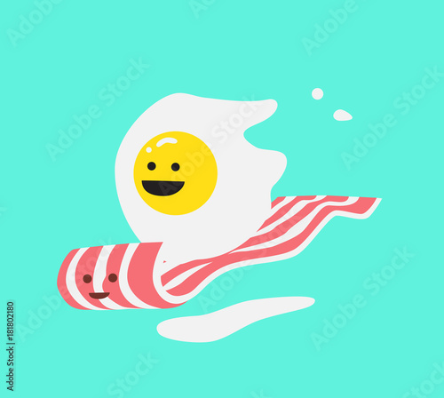 Smiling breakfast. Two fried eggs and bacon. Funny cartoon vector icon. Cute stylish characters