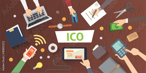 IT startup crowdfunding. Blockchain ICO vector illustration.
