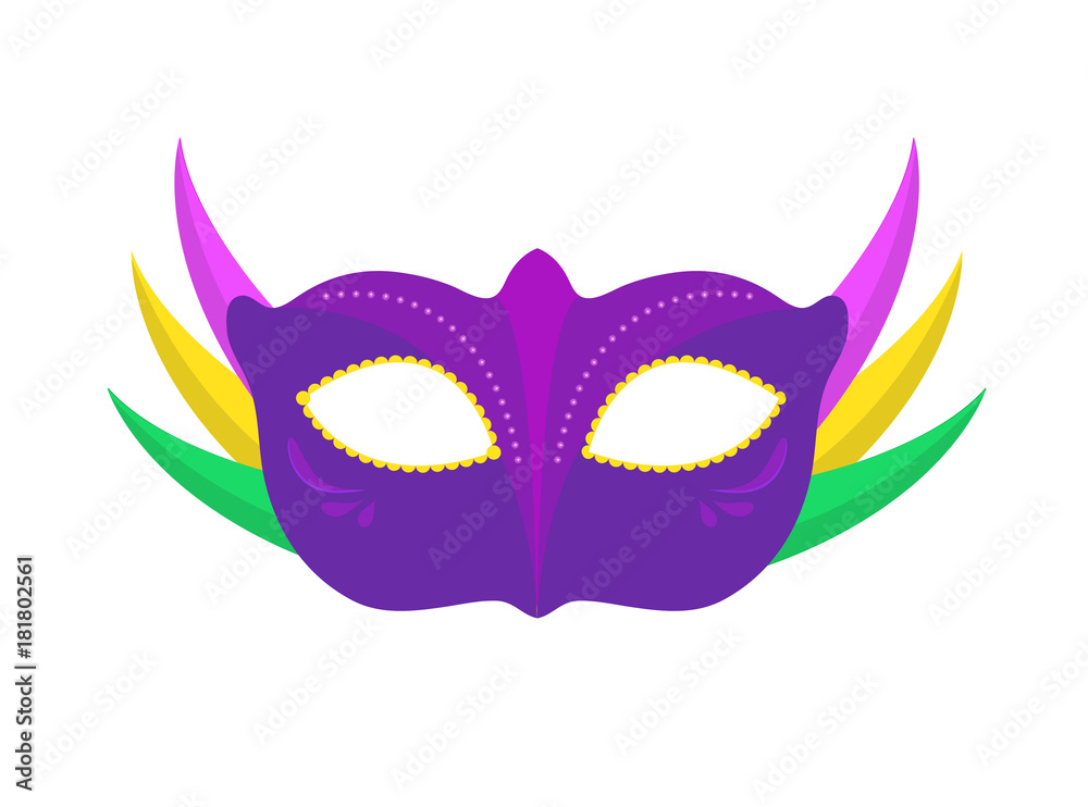 Carnival mask icon, flat, cartoon style. Masquerade, holiday party concept. Isolated on white background. Vector illustration