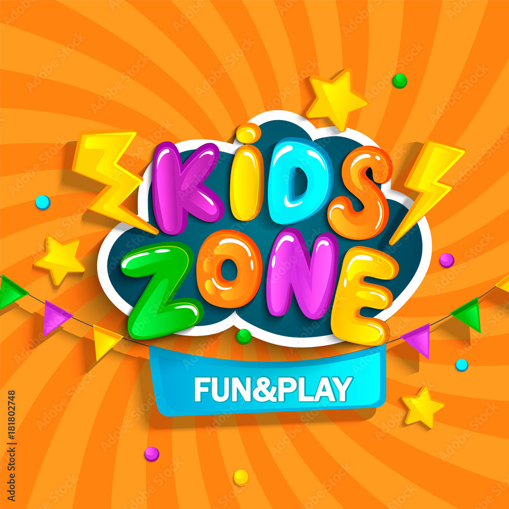 Naklejka premium Banner for kids zone in cartoon style. Place for fun and play. Vector illustration.
