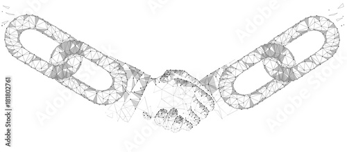 Blockchain technology agreement handshake business concept low poly. Polygonal point line geometric design. Hands chain link internet hyperlink connection gray white vector illustration