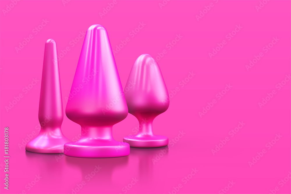 Fototapeta premium Different bdsm toys - dildo, prostate massager, vibrator, anal plug and others on a pink background. There is an empty space for your text. 3D illustration.