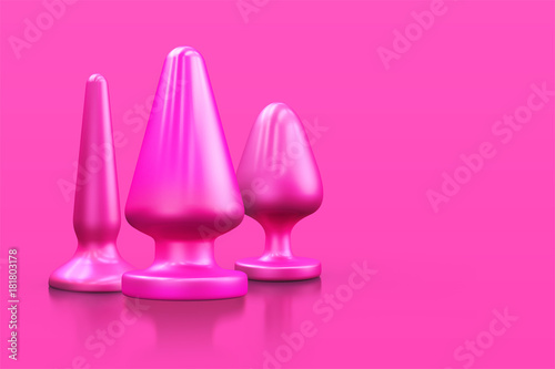 Different bdsm toys - dildo, prostate massager, vibrator, anal plug and others on a pink background. There is an empty space for your text. 3D illustration.
