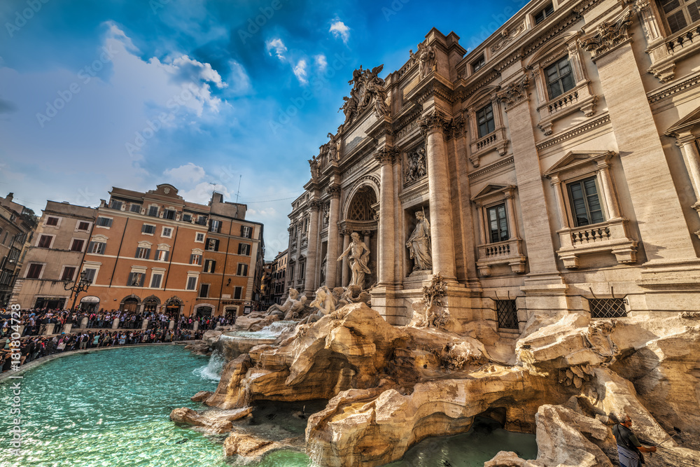 World famous Trevi fountain on a cloudy day