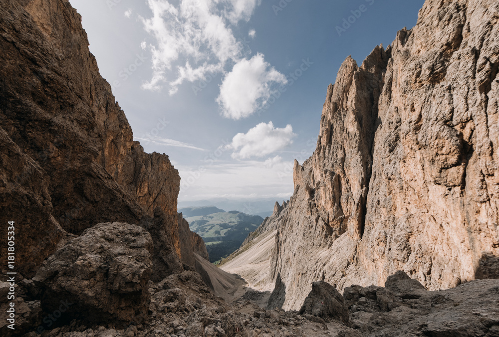 Scenic view of rocky mountainscape at Sella Pass, Dolomites, Italy