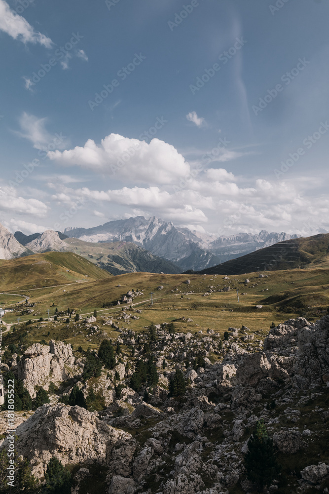 Fototapeta premium Scenic view of rocky mountainscape at Sella Pass, Dolomites, Italy