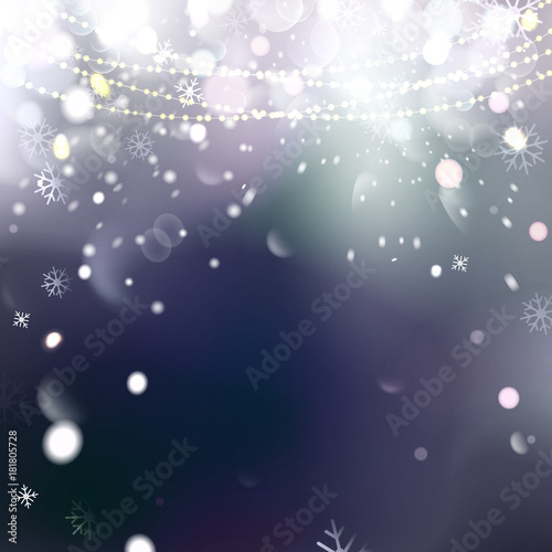Christmas background with snowflakes  winter vector illustration. bokeh background  festive defocused lights and Garlands decoration