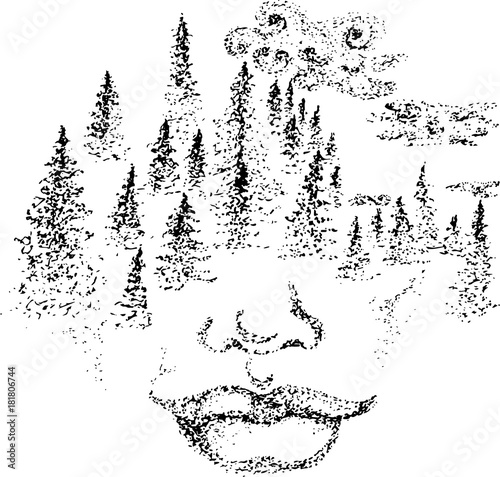 Black and white picture of the face of the spirit. Trees and clouds on the face.