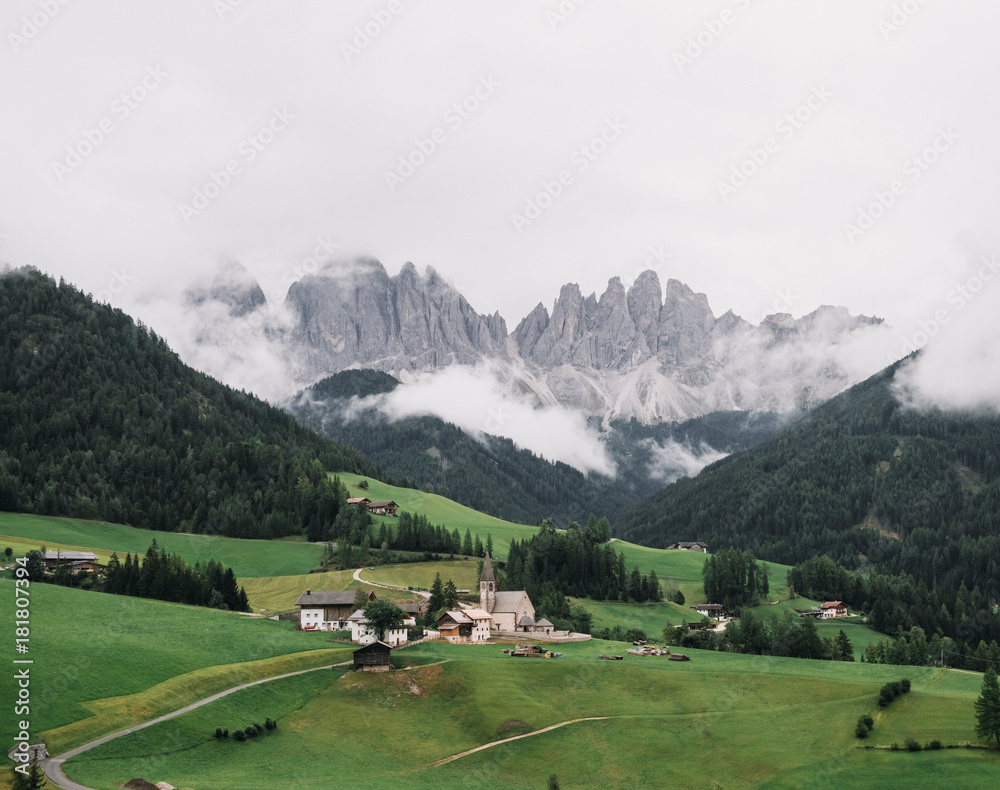 Daytime view of Santa Maddalena town in Dolomite mountains, Italy