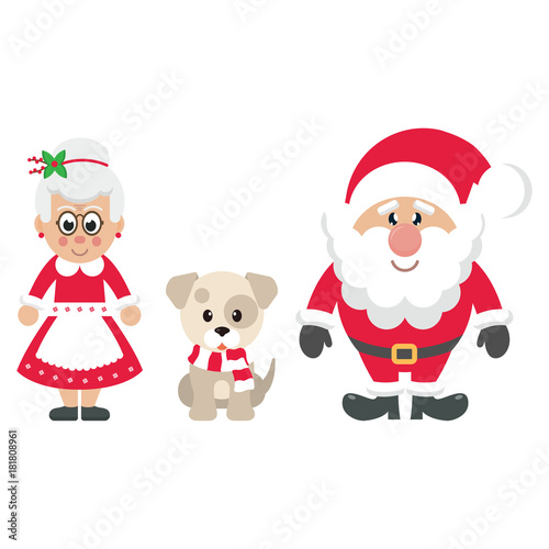 cartoon mrs santa and santa claus with winter dog