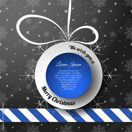Vector poster of Merry Christmas with dark gray backround, snowfall pattern, blue and white ball cut from paper with stripe.