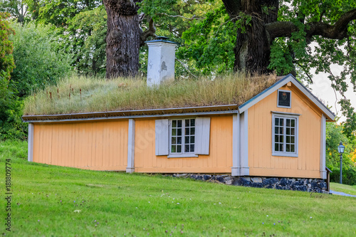 Traditional Old Swedish house with a grass roof