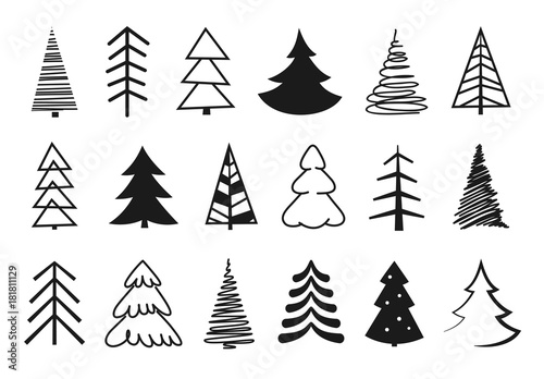 Hand drawn Christmas tree silhouettes. Black isolated christmas trees on white background.