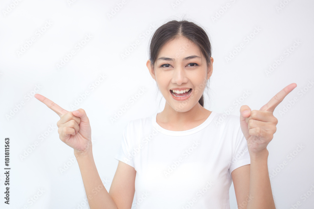 Portrait of Attractive Asian Woman smiling on white background.