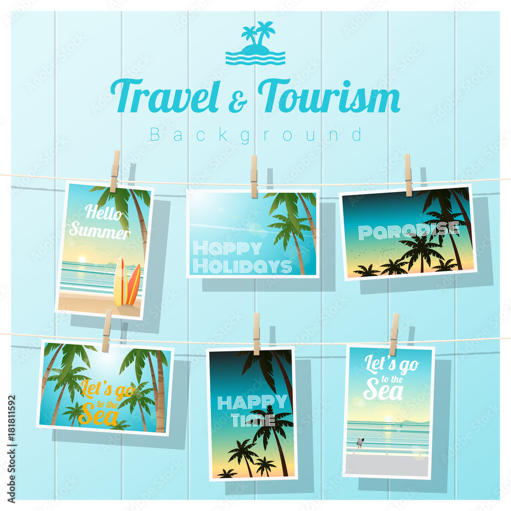Εκτύπωση καμβά Travel and tourism , tropical sea postcards displayed on colorful background , v
