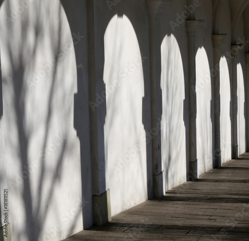 many shadows of a arcade with white wall