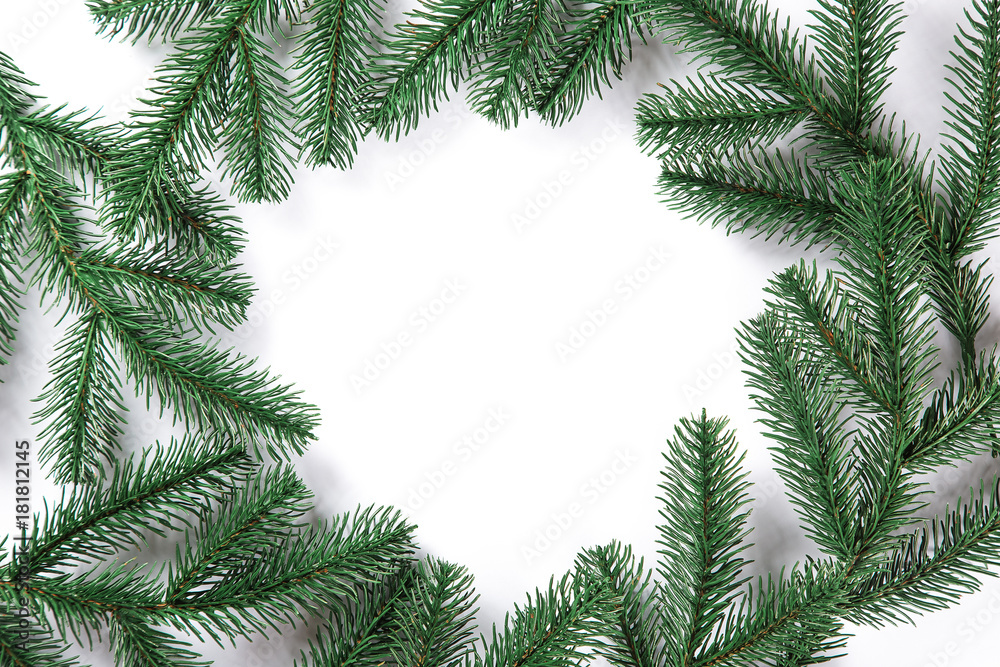 Christmas fir tree frame on white background. Free space