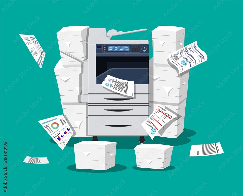 Fotografie Pile of paper documents and printer