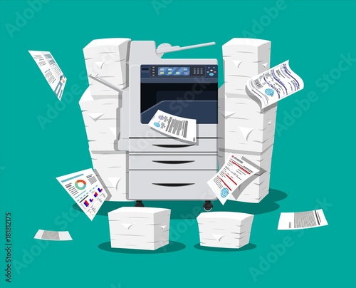 Pile of paper documents and printer
