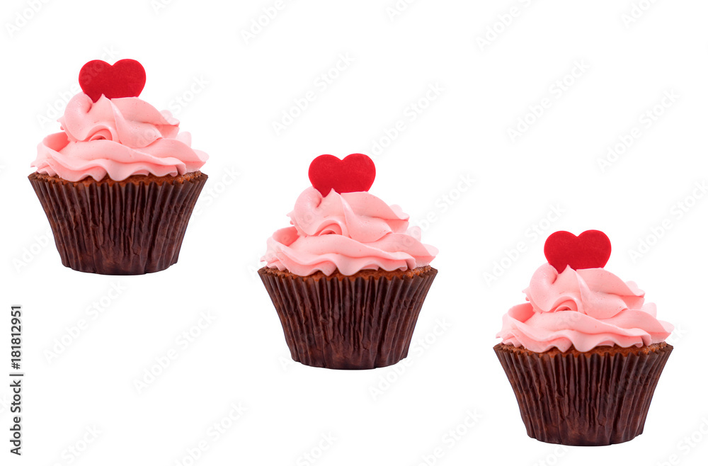 Delicious three cupcakes for Valentine Day on white background