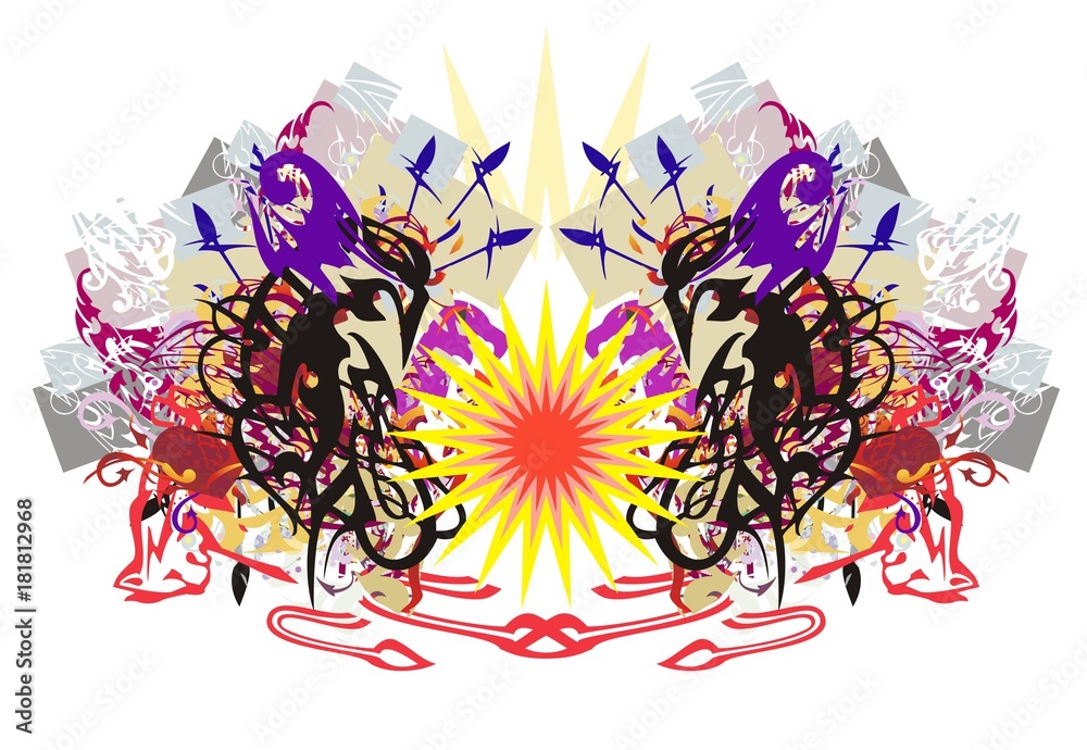 Abstract eagles composition in grunge style. Unusual stylized eagles with the red hearts, star and arrows, linear dog elements twirled by ornate elements against the backdrop of colorful rectangles 
