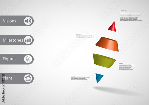 3D illustration infographic template with two spike cone divided to four parts askew arranged