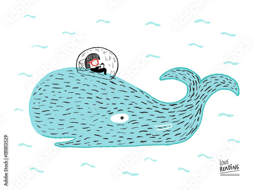 Love Reading. Girl reading a book on a whale under the sea, hand drawn vector illustration