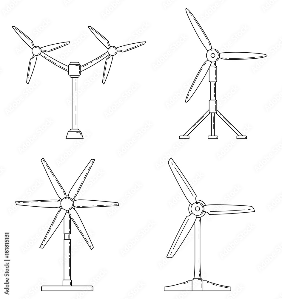 Set of different tidal power station rotters. Clean water energy source. Innovation power station. Vector illustration. Set of different tidal power station rotters. Clean water energy source. Innovation power station. Vector illustration.