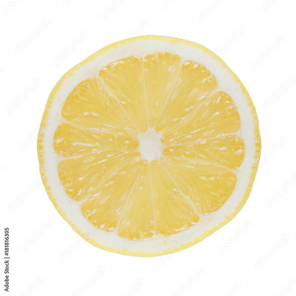 Single closeup lemon slice isolated on white. 