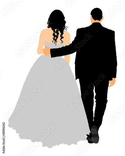 Groom and bride wedding day, in dress and suit vector illustration. Young wedding couple. Moment of love.
