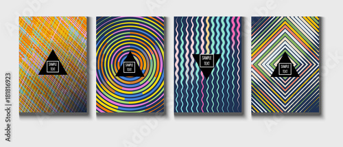 A4 cool covers set. Vector childrens colorful journal background. Corporate identity geometric halftone modern design. Dynamic abstract shapes for music festival poster, cool ads or folder background