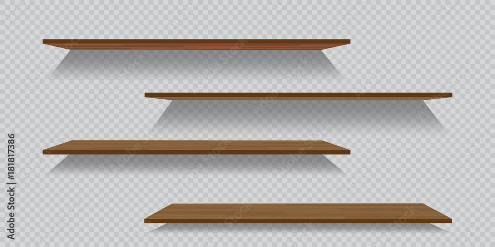 Vector empty wooden or plastic shelves isolated on checkered background.