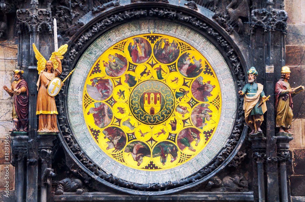 Close view of Prague medieval Astronomical Clock, Czech Republic