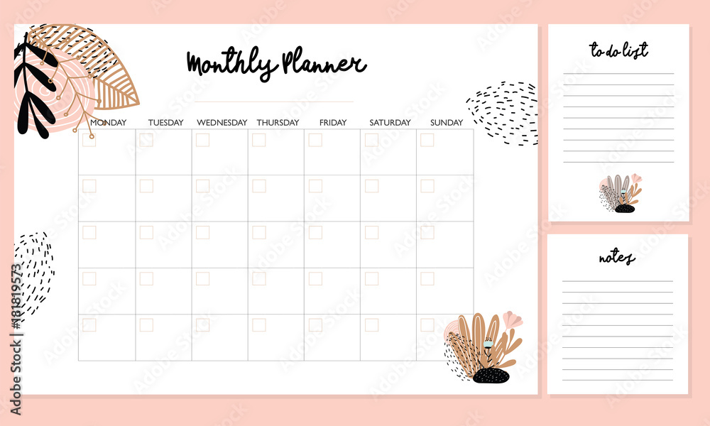 Cute Monthly Planner With Flowers To Do List Notes Printable Vector Stock Vector Adobe Stock 