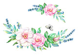 Beautiful watercolor floral decorative elements for design of greeting, wedding cards and invitations.