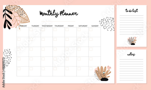 Cute Monthly Planner with flowers, to do list, notes, printable, vector photo