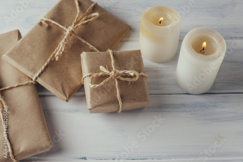 Christmas gift packs with rustic background.