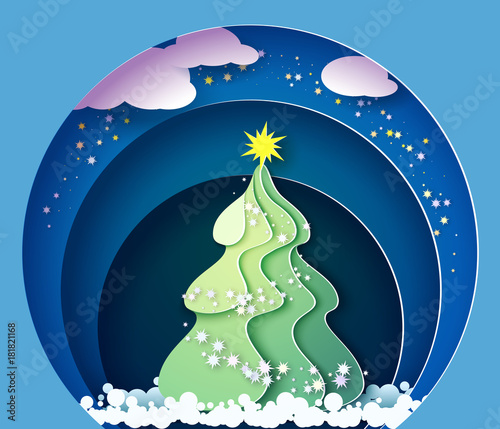 Color paper cut design and craft winter landscape with evergreen tree, stars and snowflakes. Holiday nature and christmas tree. Web banner. Vector illustration.