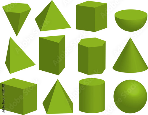 Basic 3d geometric shapes. Geometric solids. Pyramid, prism, polyhedron, cube, cylinder, cone, sphere, hemisphere. Isolated on a white background.