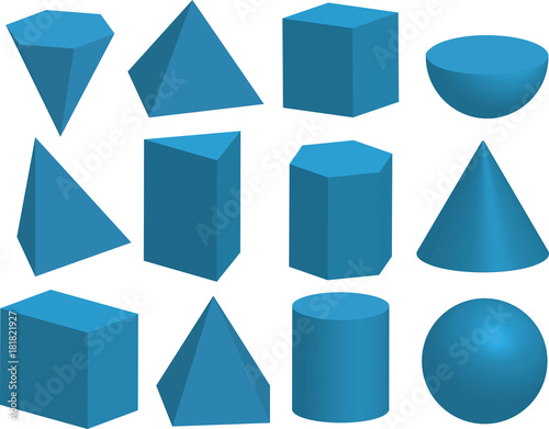 Basic 3d geometric shapes. Geometric solids. Pyramid, prism, polyhedron, cube, cylinder, cone, sphere, hemisphere. Isolated on a white background.