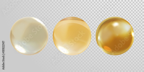 Gold glass ball isolated on transparent background. 3D realistic vector golden oil vitamin E pill capsule crystal glass ball texture