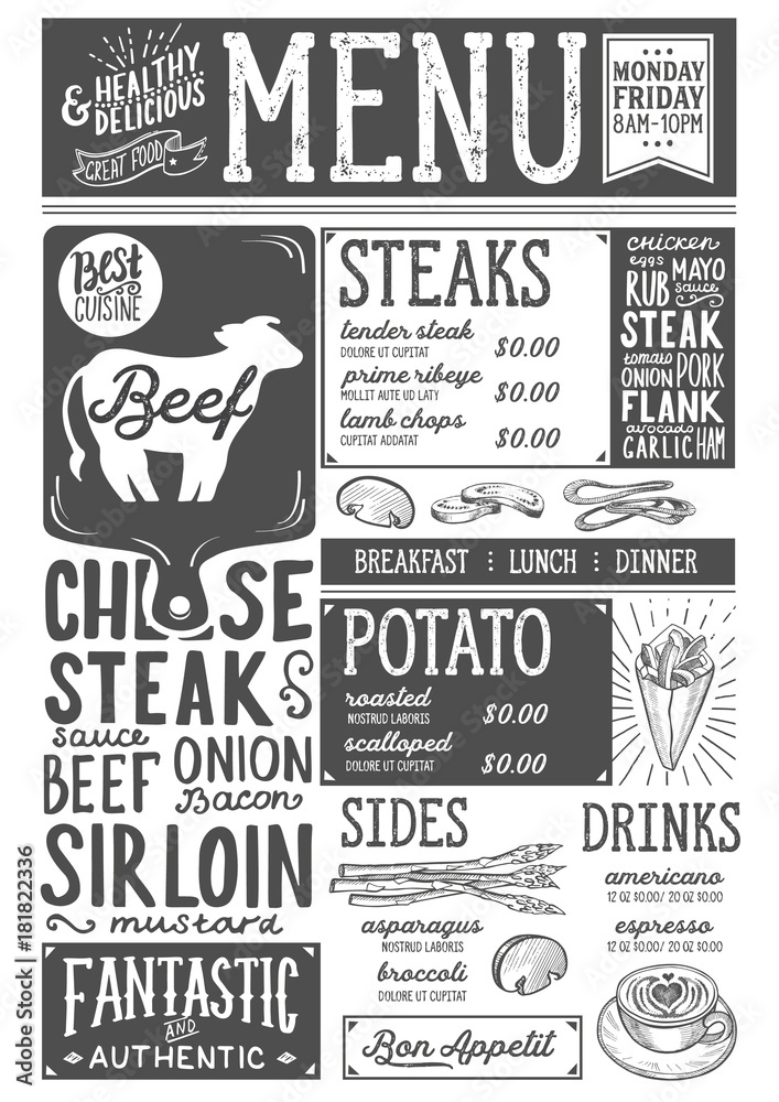 Fototapeta premium Steak menu restaurant, food template.